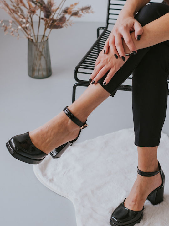 Beatris Patent Leather Black Heels with Strap