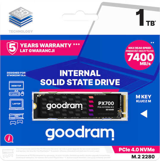 GoodRAM PX700 SSD 1TB Tip M.2 Cu Conexiune PCI Express 4.0 Compatibil Cu PlayStation 5 SSDPR-PX700-01T-80