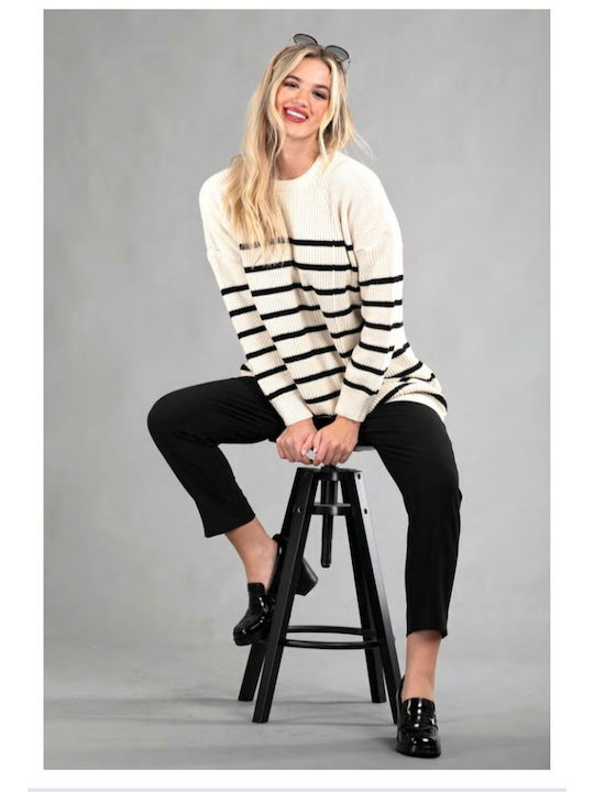 Le Vertige Women's Long Sleeve Sweater Striped Ecru