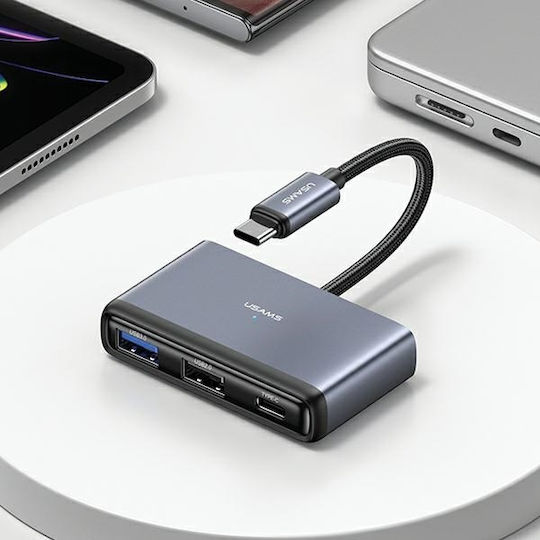 Usams USB Hub 4 Ports USB 2.0 with USB-C Connection Gray
