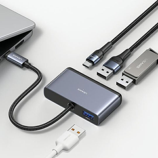 Usams USB Hub 4 Ports USB 2.0 with USB-C Connection Gray