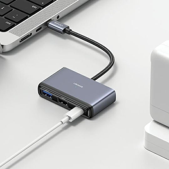 Usams USB Hub 4 Ports USB 2.0 with USB-C Connection Gray