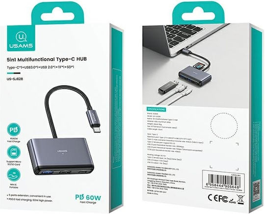 Usams USB-Hub 5 Anschlüsse USB 3.0 mit USB-C Verbindung Grau