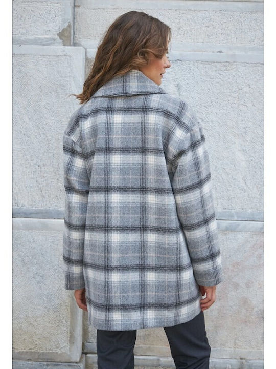 Desiree Women's Checked Long Coat with Buttons Plaid