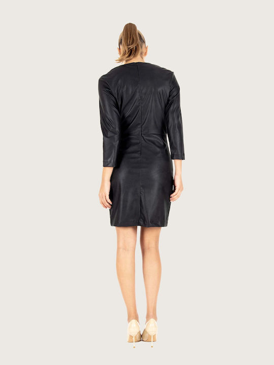 Innocent All Day 3/4 Sleeve Leather Mini Dress with V Neck Black