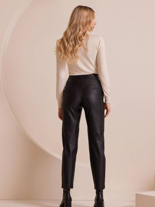 Mind Matter Women's High-waisted Leather Trousers in Loose Fit Black