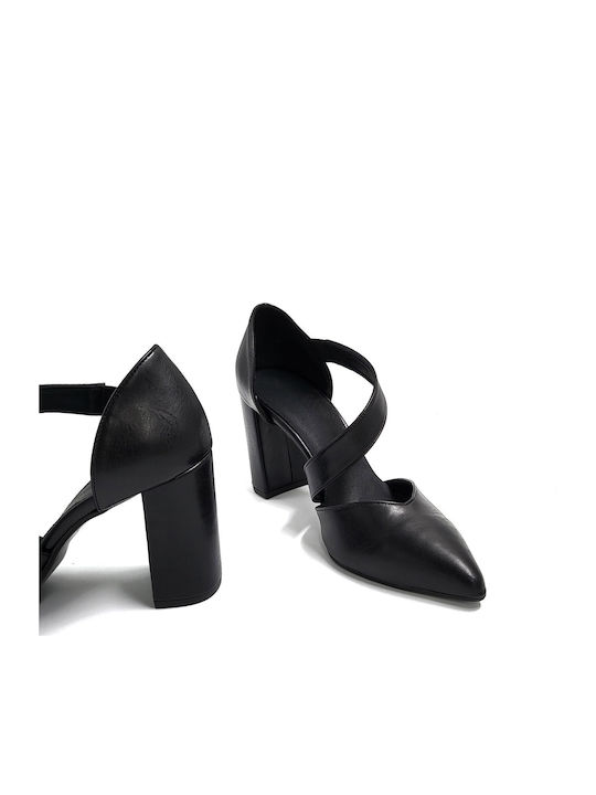 Synthetic Leather Black Heels with Strap