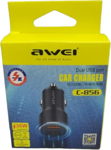 Awei Car Charger 36W 5A Fast Charging with Ports: 2xUSB Black Color