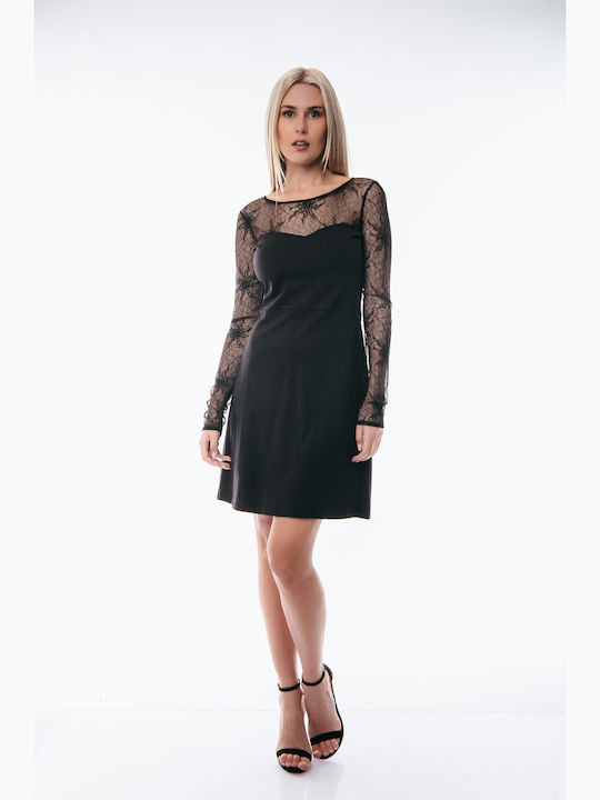 Dress Up Mini Evening Dress with Lace & Sheer Black