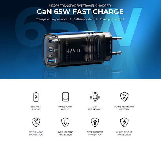 Havit Încărcător Fără Cablu 65W Quick Charge 2.0 Negruς (Uc20)