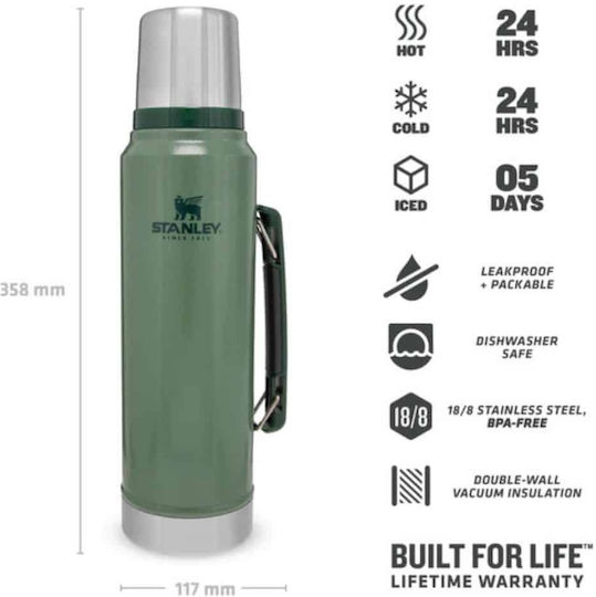 Stanley Classic Legendary Bottle Thermos Stainless Steel BPA Free 1lt Green with Cap-Cup and Handle
