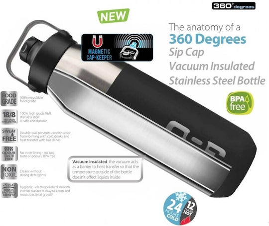 360 Degrees Insulated Wide Mouth Sip Cap Thermos Bottle Stainless Steel BPA Free 750ml Silver with Loop