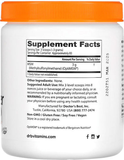 Doctor's Best MSM Powder Συμπλήρωμα για την Υγεία Αρθρώσεων & Οστών 250gr