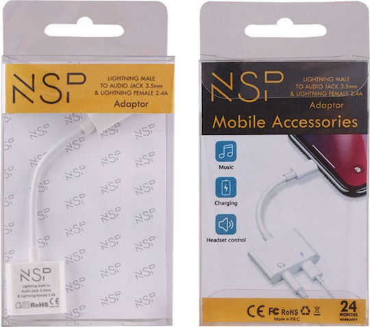 NSP Μετατροπέας Lightning male σε 3.5mm / Lightning female Λευκό