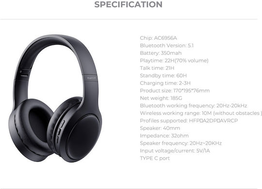 Havit H633BT Ασύρματα / Ενσύρματα Over Ear Ακουστικά με 22 ώρες Λειτουργίας Ροζ