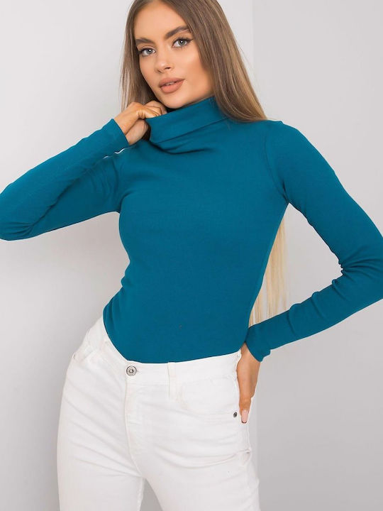 Rue Paris Women's Long Sleeve Sweater Cotton Turtleneck Petrol