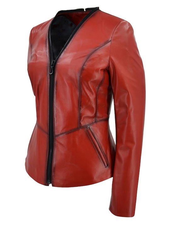 Women's Short Lifestyle Leather Jacket for Winter Red