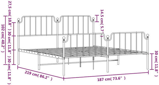 Κρεβάτι King Size Μεταλλικό Μαύρο με Τάβλες για Στρώμα 183x213cm