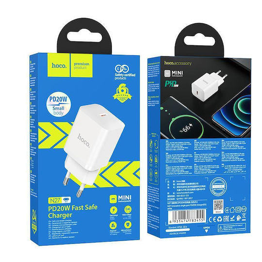 Hoco Charger Without Cable with USB-C Port 20W Power Delivery Whites (N27)