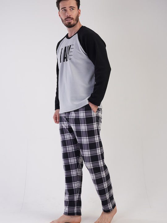 Vienetta Secret Men's Winter Fleece Checked Pajama Pants ΓΚΡΙ