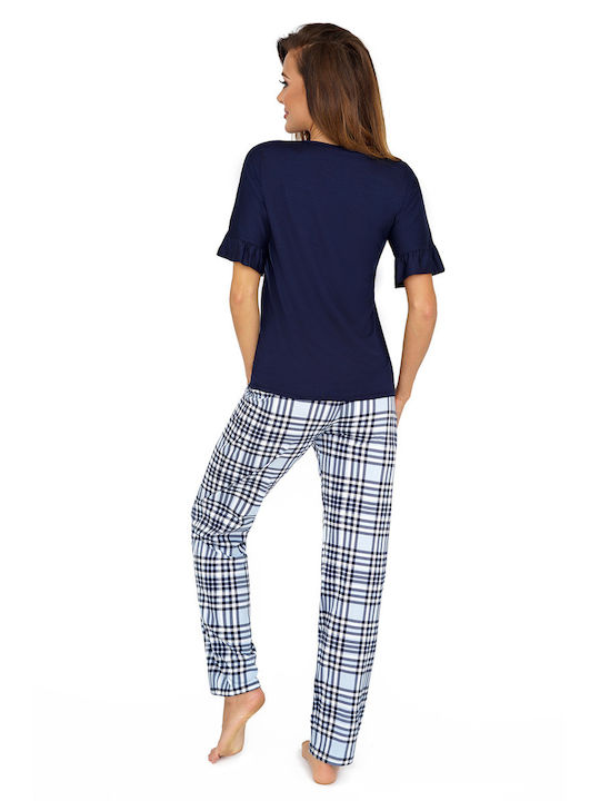 Donna Winter Damen Pyjama-Set Baumwolle Marineblau