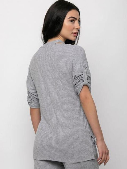 Bellino Damen Bluse Langärmelig mit V-Ausschnitt Gray