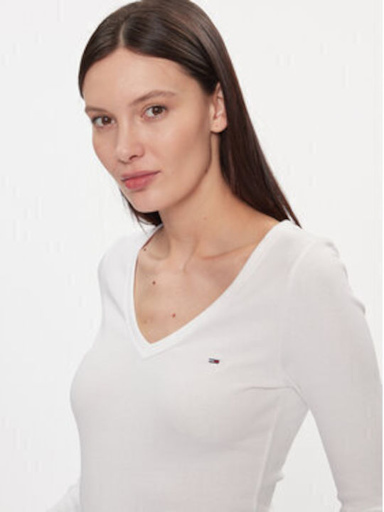 Tommy Hilfiger Long Sleeve Women's Blouse with V Neckline White