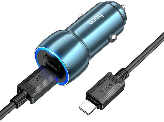 Hoco Car Charger Blue C Total Intensity 3A Fast Charging with Ports: 2xType-C with Cable Lightning