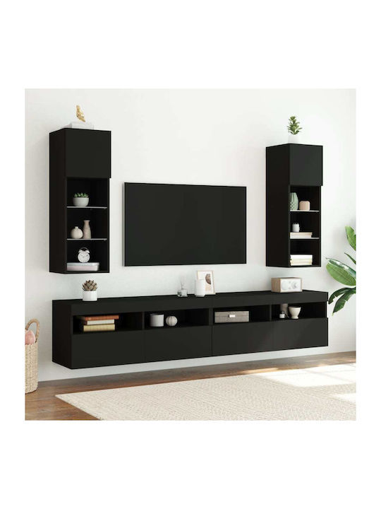 Wall Mounted Particle Board Living Room Display Cabinet with Glass & Lighting Black 30.5x30x90cm