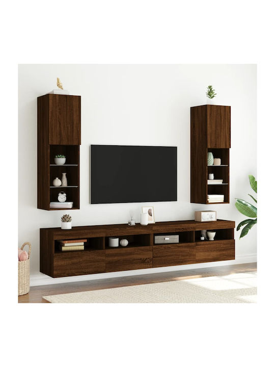 Wall Mounted Particle Board Living Room Display Cabinet with Glass & Lighting Coffee 30.5x30x102cm