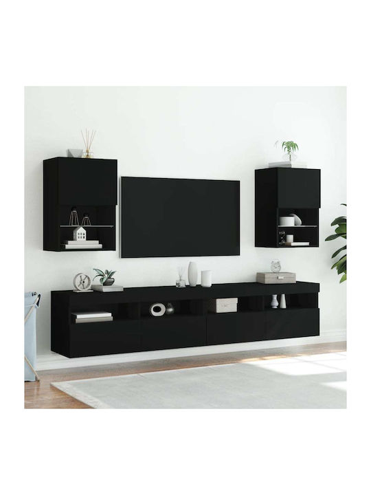 Wall Living Room Display Cabinet made of Particleboard with Glass & Lighting Black 40.5x30x60cm