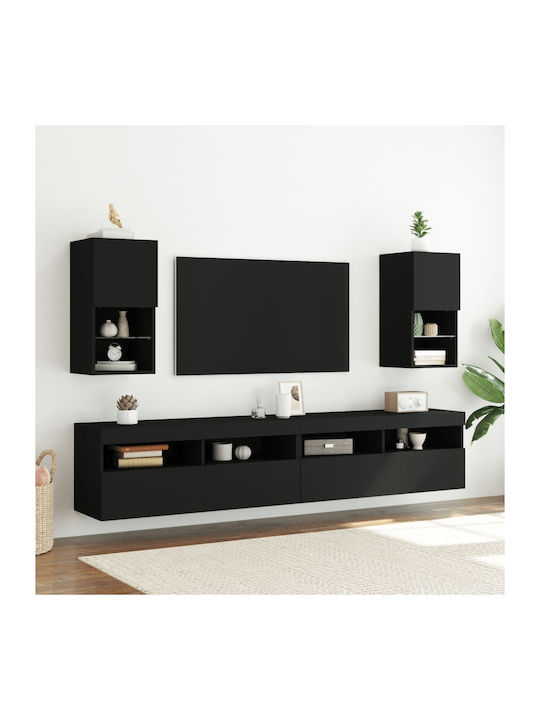 Wall Living Room Display Cabinet made of Particleboard with Glass & Lighting Black 30.5x30x60cm