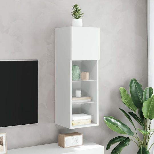 Vitrină Suspendată pentru Sufragerie din Placă Aglomerată, Albă, cu Geam și Iluminare LED 30.5x30x90cm