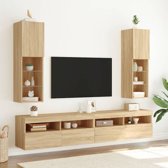 Wall-Mounted Living Room Cabinet made of Particle Board with Lighting Brown 30.5x30x102cm