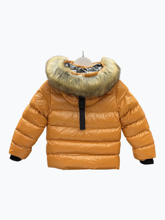 Waterproof Kids' Quilted Jacket with Lining & Hood Brown