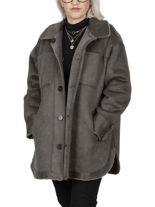 Wolle Damen Gray Mantel mit Fellbesatz