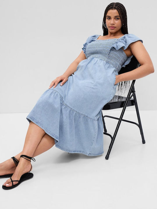 Summer Midi Dress with Ruffle Light Blue