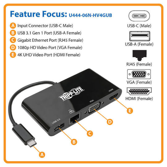Eaton USB-C Docking Station with HDMI 4K Ethernet Black (U444-06N-HV4GUB)