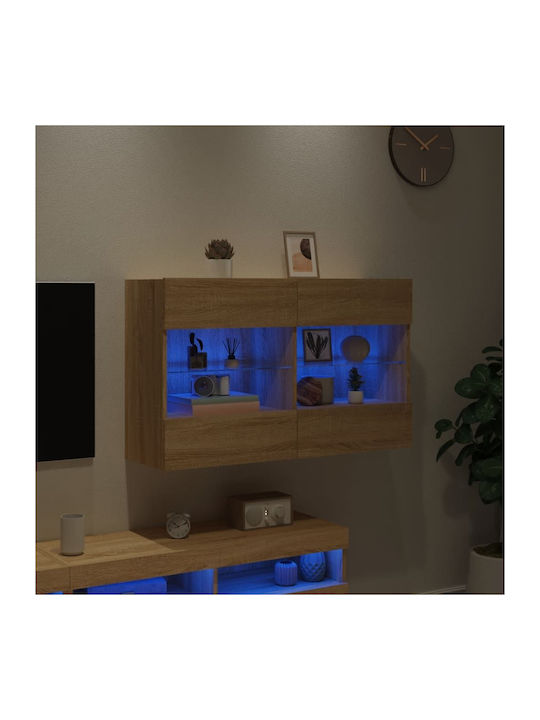 Wall Living Room Display Cabinet made of Particleboard with Glass & Lighting Coffee 98.5x30x60.5cm