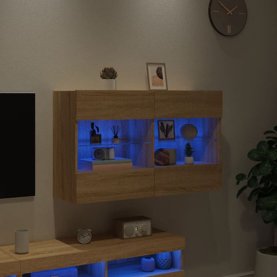 Wall Living Room Display Cabinet made of Particleboard with Glass & Lighting Coffee 98.5x30x60.5cm