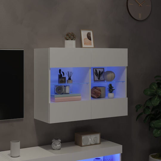 Hängevitrine fürs Wohnzimmer aus Spanplatte Weiß mit Glas & LED-Beleuchtung 78,5x30x60,5 cm