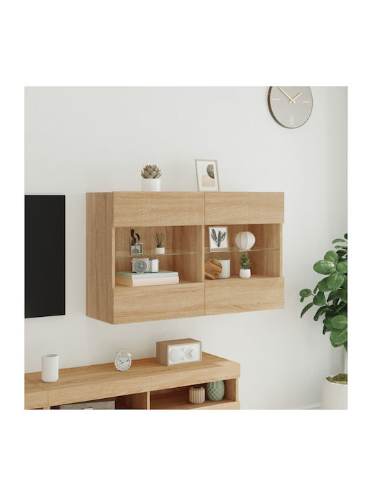 Wall Living Room Display Cabinet made of Particleboard with Glass & Lighting Coffee 98.5x30x60.5cm