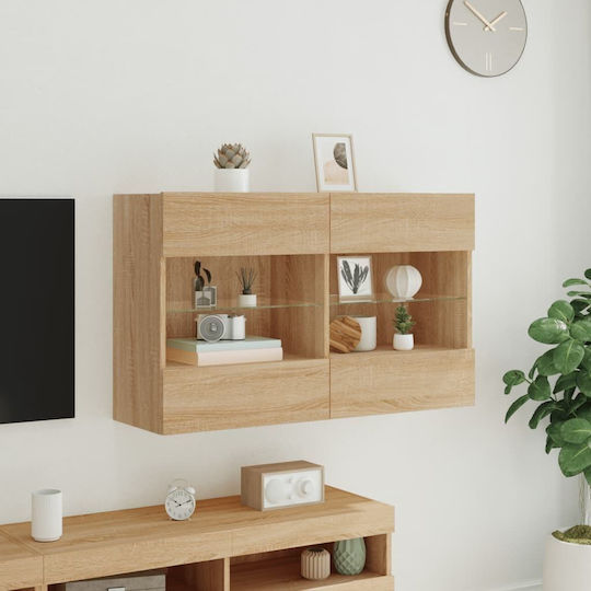 Wall Living Room Display Cabinet made of Particleboard with Glass & Lighting Coffee 98.5x30x60.5cm