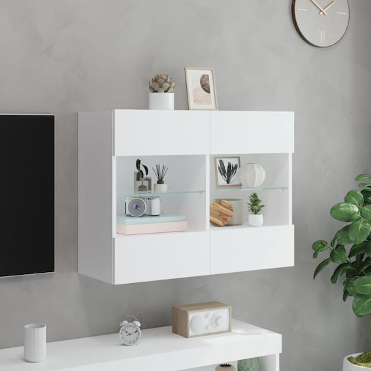 Hängevitrine fürs Wohnzimmer aus Spanplatte Weiß mit Glas & LED-Beleuchtung 78,5x30x60,5 cm