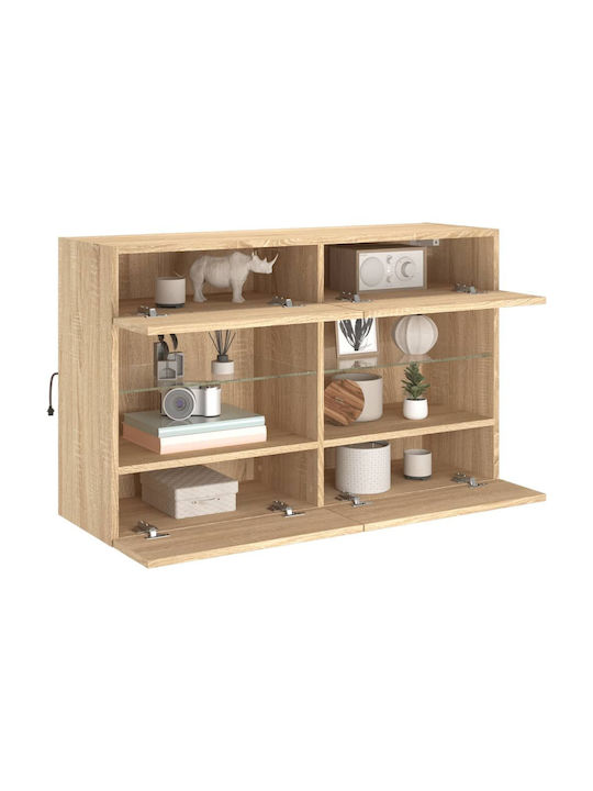 Wall Living Room Display Cabinet made of Particleboard with Glass & Lighting Coffee 98.5x30x60.5cm