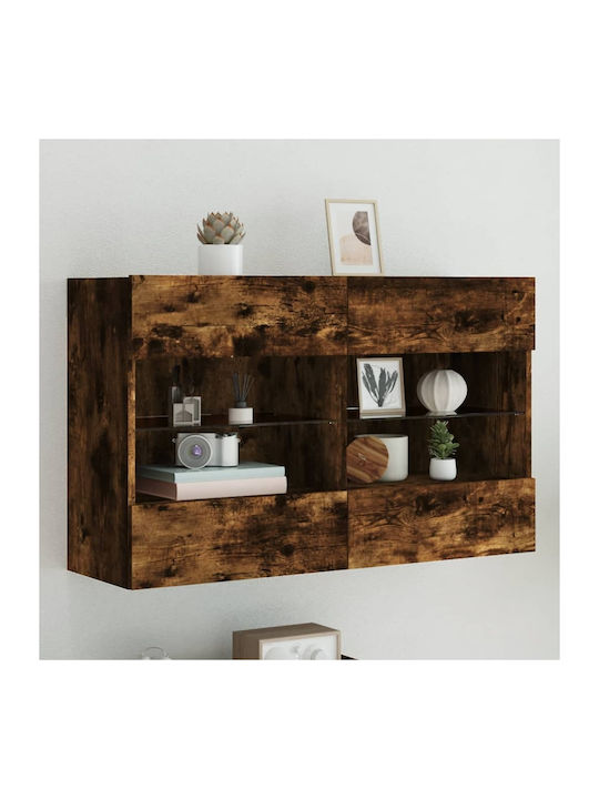 Wall Living Room Display Cabinet made of Particleboard with Glass & Lighting Smoky Oak 98.5x30x60.5cm