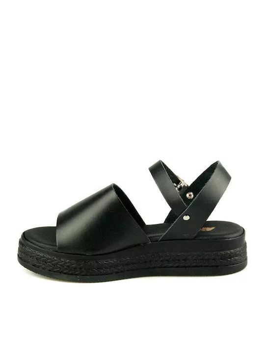 Δερμάτινα Γυναικεία Ανατομικά Σανδάλια Flatforms Μαύρα