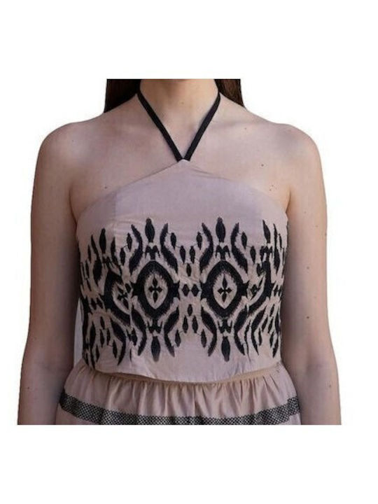 Women's Summer Crop Top Cotton Sleeveless with Halter Neck Beige