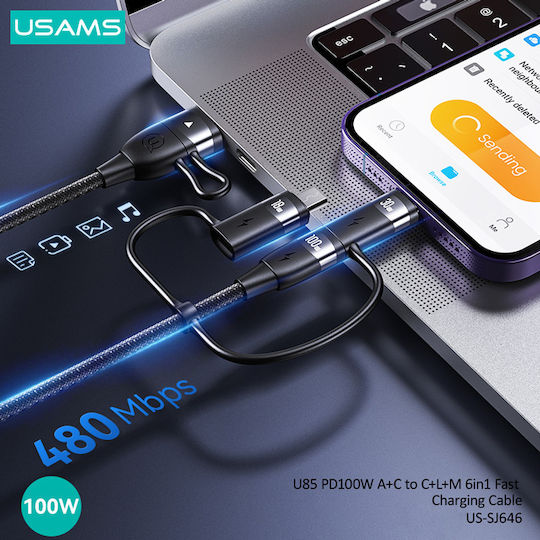 Usams US-SJ646 Braided USB to Lightning / Type-C / micro USB Cable Μαύρο 2m (SJ646USB01)
