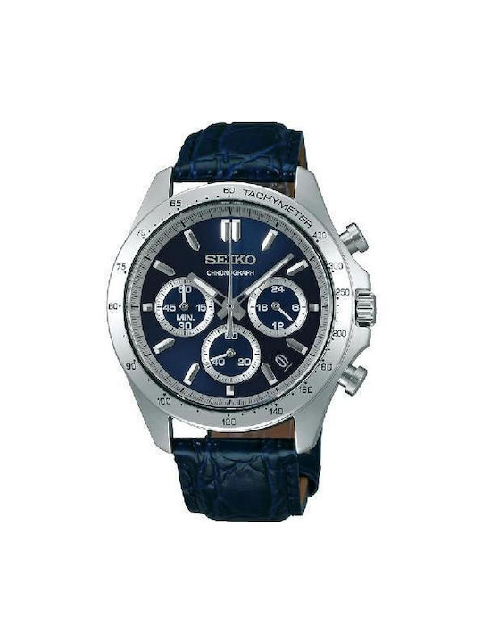 Seiko Uhr Chronograph Batterie mit Blau Lederarmband